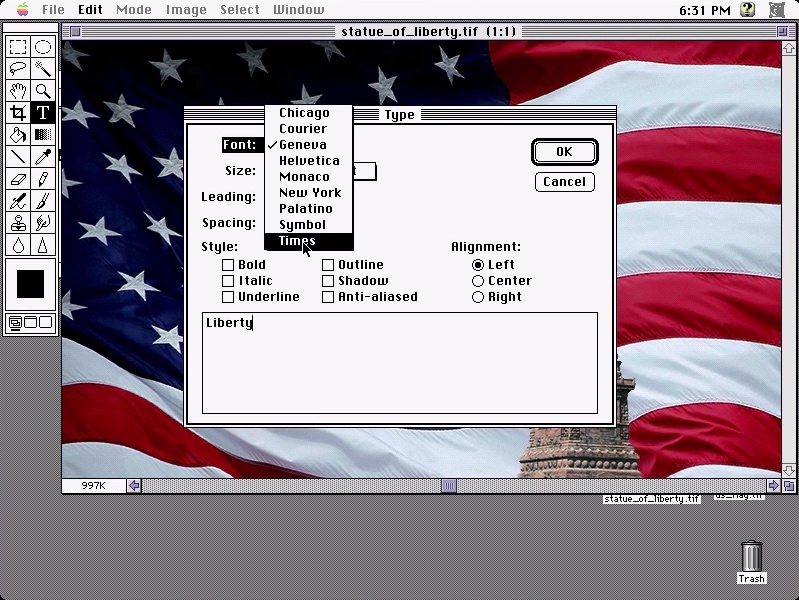 Adobe Photoshop 1.0 Font Type Dialog (1990)